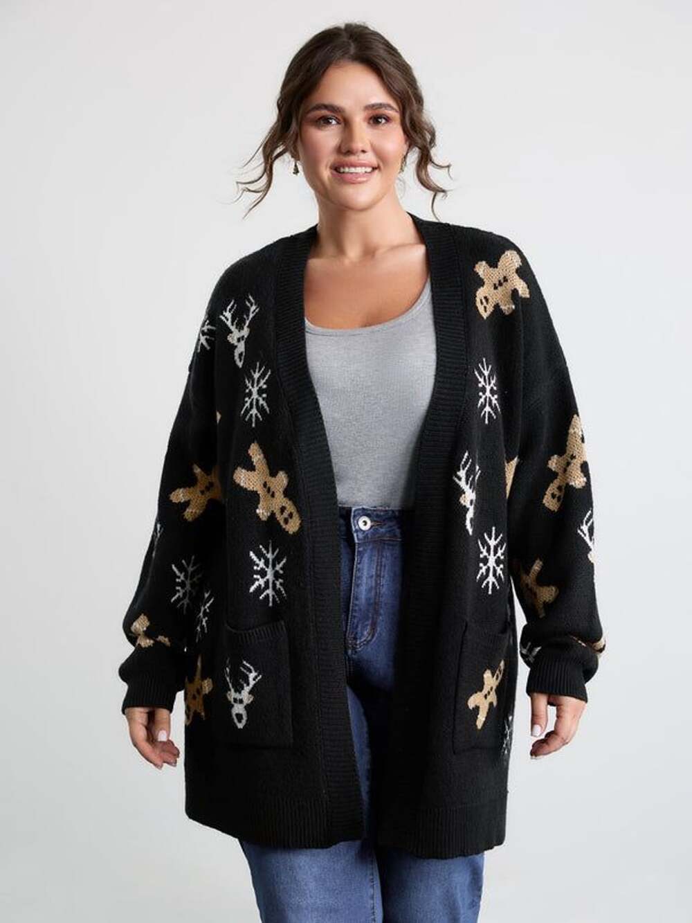 BloomChic Plus Size 4x 26 Gingerbread Holiday Jacquard Pockets Cardigan Sweater